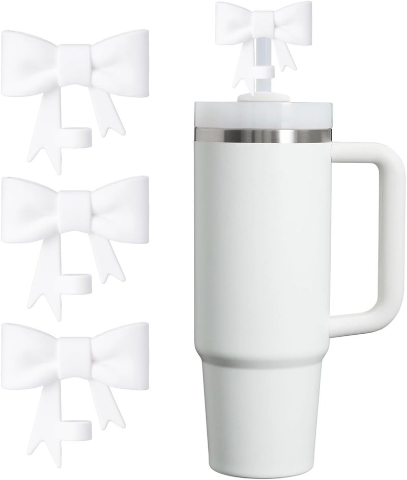HIUSITY White Bow Straw Cover Topper for Stanley Cup,Silicone Straws Toppers for Tumbler with Handle 40oz,Cute 10mm/0.4in Covers Cap,Reusable Lids for Stanleys Cups Accessories, 3Pcs - Image 1